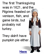 The Pilgrims landed at Plymouth Rock in 1620. Their first winter was devastating, but the following fall the harvest was a bountiful one, and the first Thanksgiving was held.